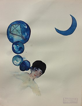 The Blue Moon - 2019  mixed media op papier 32 x 25 cm